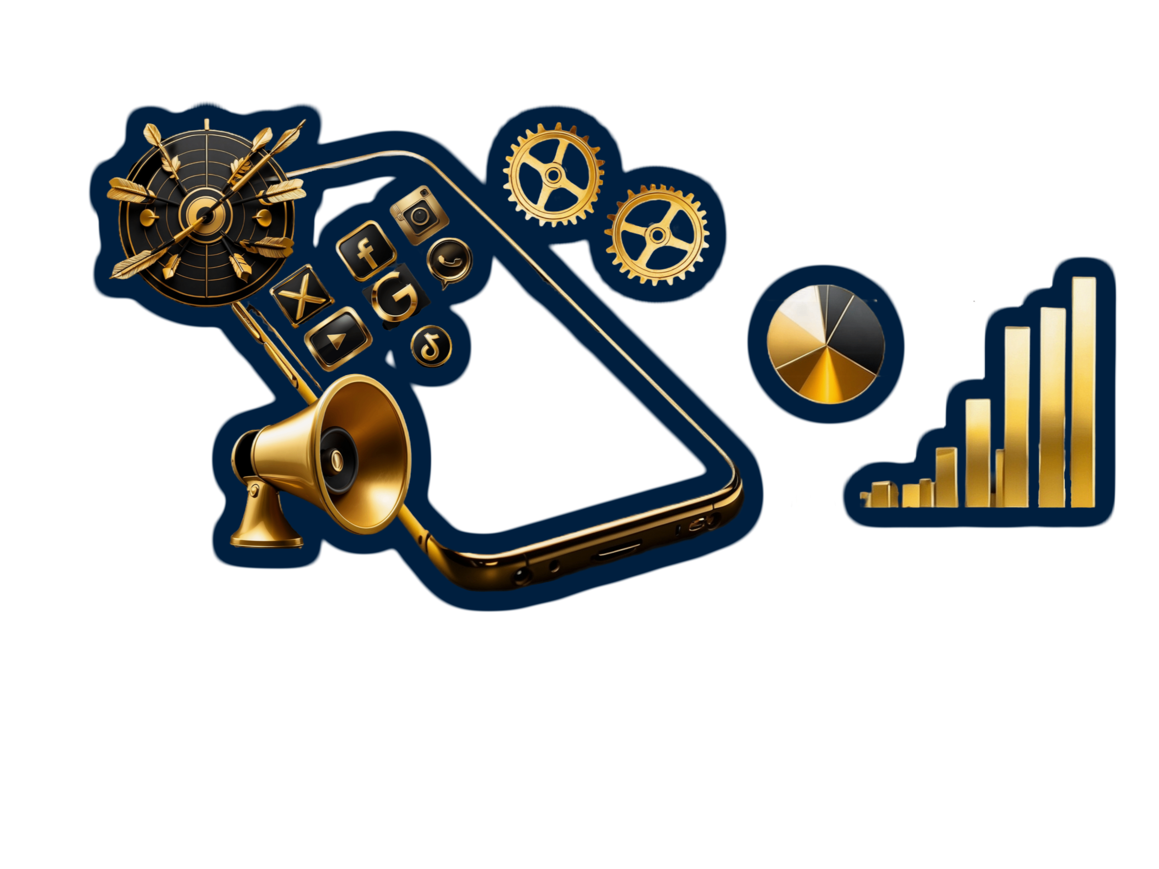 Smartphone displaying social media apps with a dart on a target and gears symbolizing strategic marketing and targeting